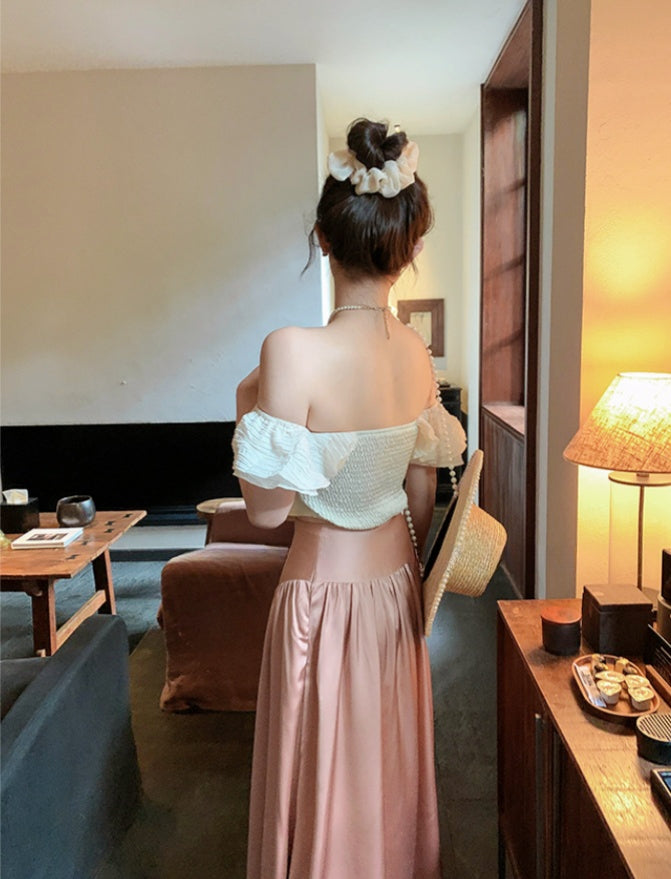 Satin Long Skirt + Line Neck Top