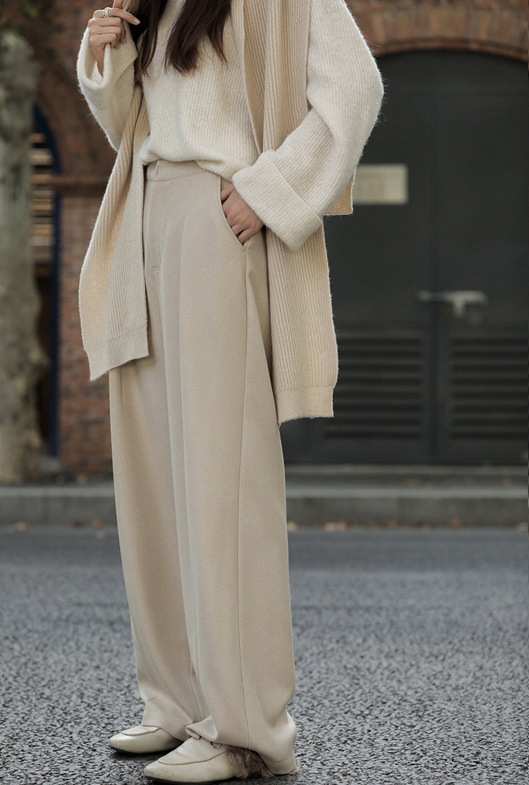 High-waisted Thickened Wool Blend Wide-leg Pants with Drape