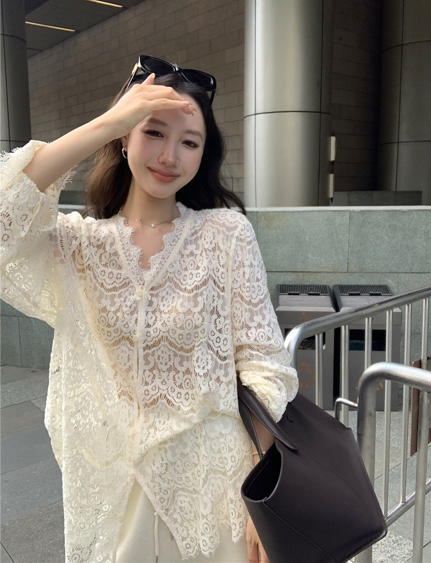 Embroidered Lace Hollow-Out Flare Sleeve Sunscreen Top
