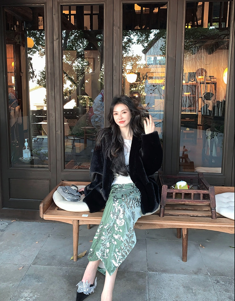 Light Luxury New Chinese-Style Velvet Sequin Midi Skirt