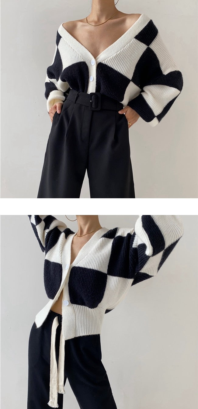 Checkerboard Lazy Wind Loose Cardigan Sweater