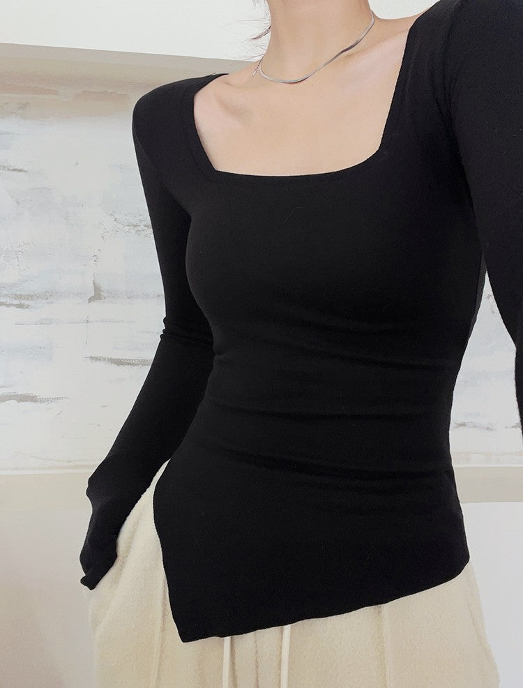 Beauty Yabi Self-Heating Slit Square Collar Long-Sleeved Slim