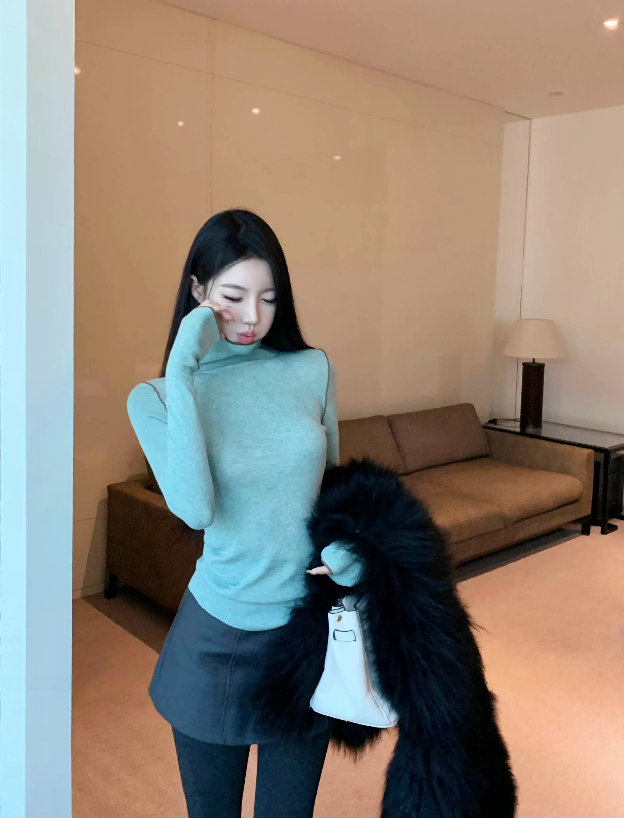 Merino Wool High-Neck Slim Fit Knit Top