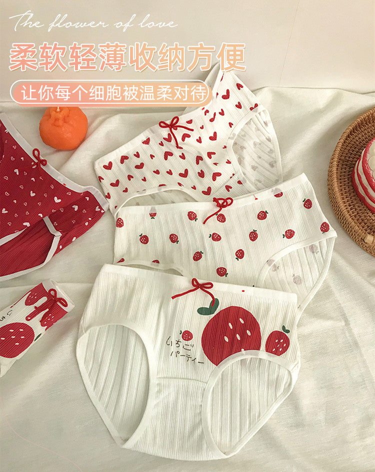 3 Pieces of Cotton Antibacterial Breathable Low Waist Strawberry Underwear