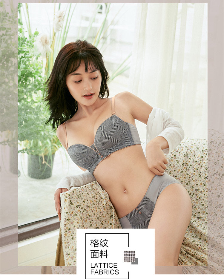Grid Pattern Wire-Free Japanese-style Sweet Lingerie