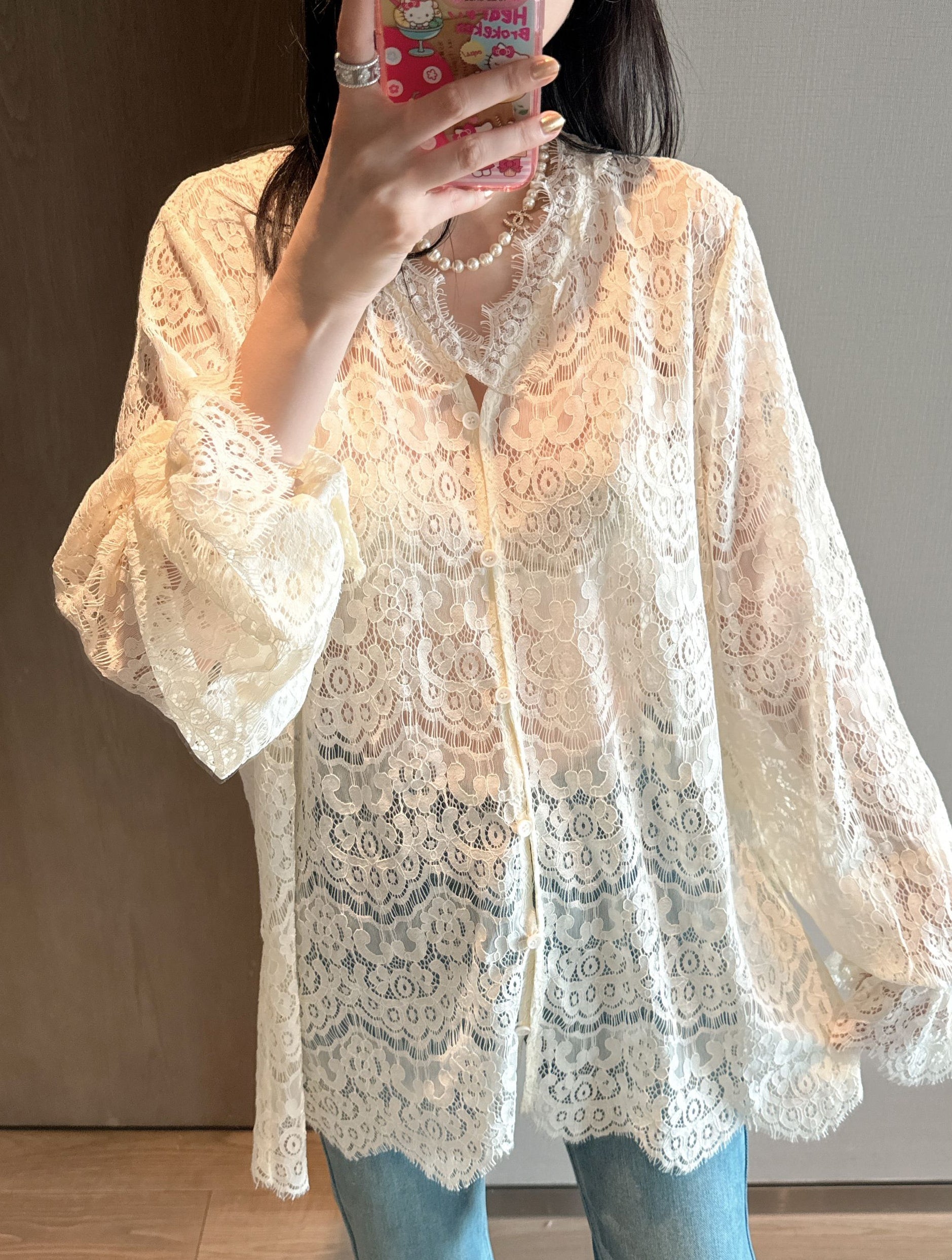 Embroidered Lace Hollow-Out Flare Sleeve Sunscreen Top