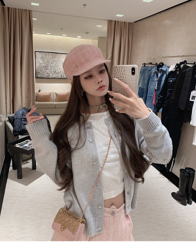 Custom Star-Shaped Rhinestone Button Knit Cardigan