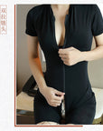 Double Zipper Short-Sleeved Conjoined Breasts Open Chest Lingerie