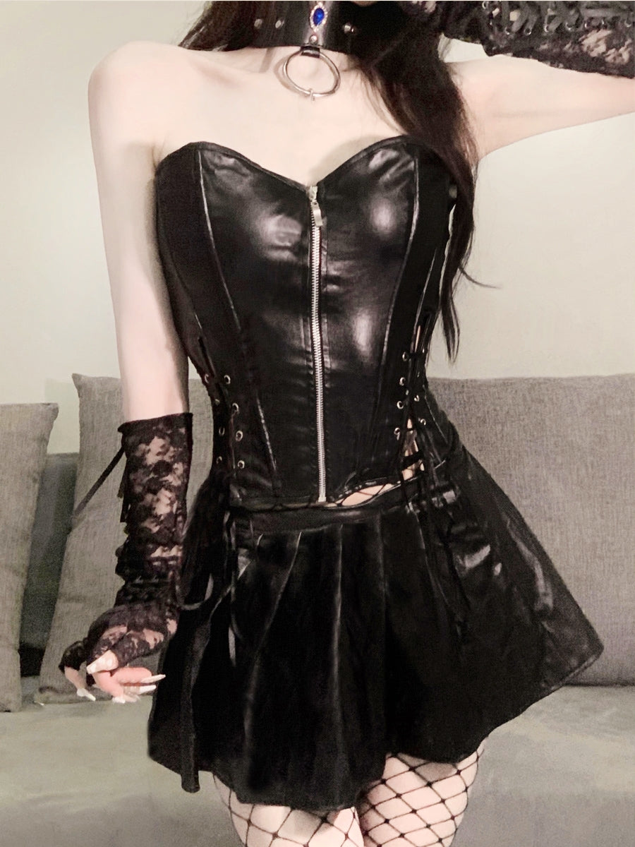 Halloween Cosplay Cat Woman Pu Leather Dress Set
