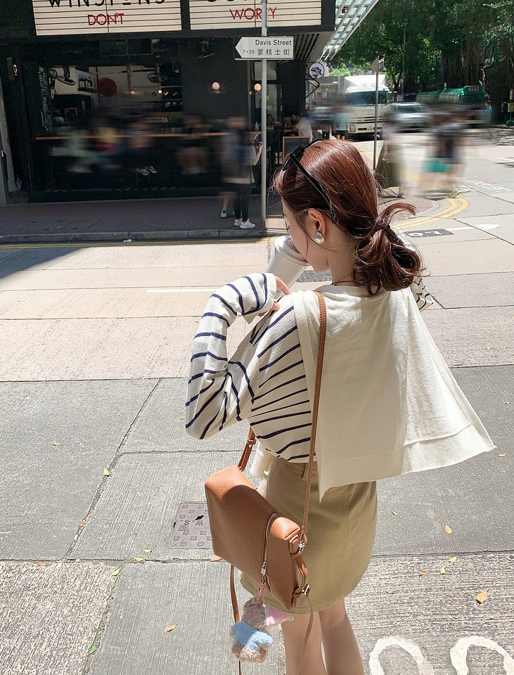 Sheer Ice Silk Striped Knit Top + Matching Shawl (2-Piece Set)