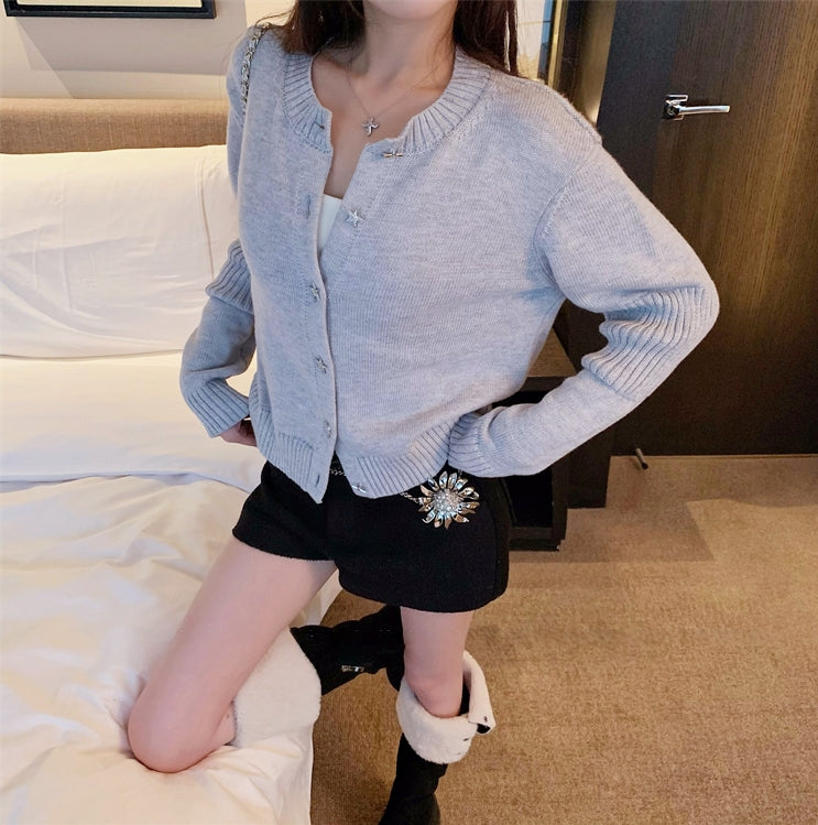 Custom Star-Shaped Rhinestone Button Knit Cardigan