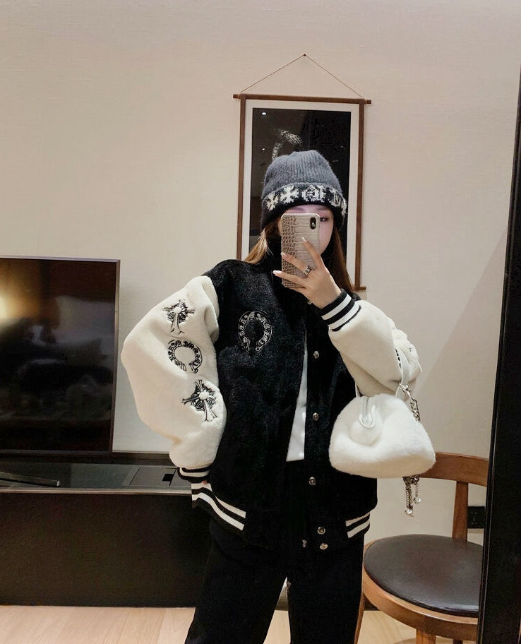 Kroheart Embroidered Print Faux Fur Thickened Baseball Jacket