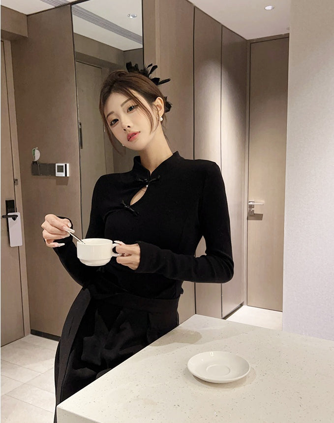 New Chinese Style Slim Fit Knit Top with Small Mandarin Collar