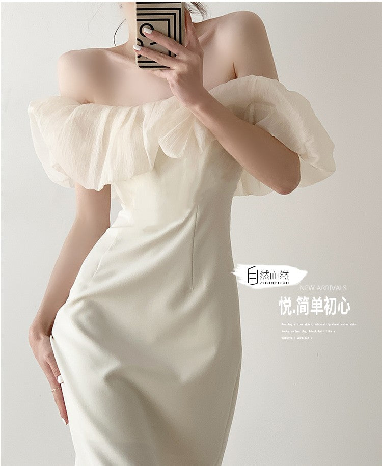 French Square Neck One Line Shoulder Temperament Dress