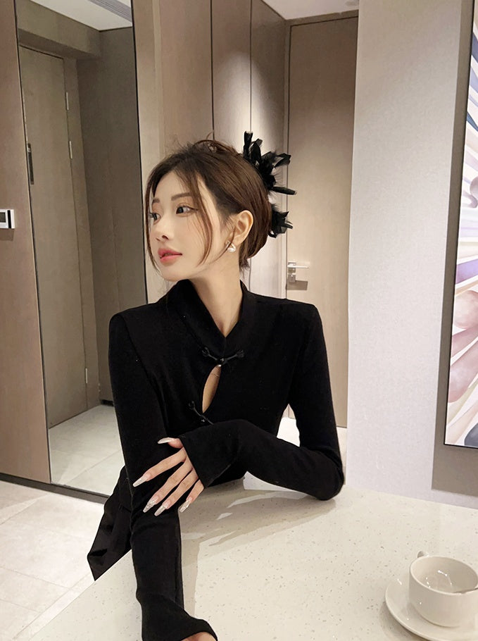 New Chinese Style Slim Fit Knit Top with Small Mandarin Collar