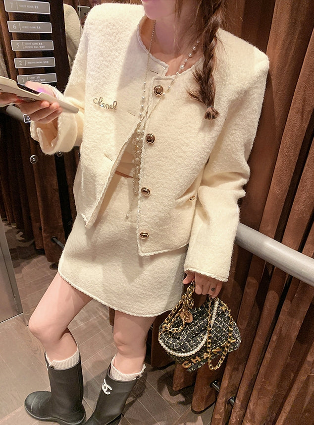 Wool Blend Bouclé Tweed Set with Golden Buttons