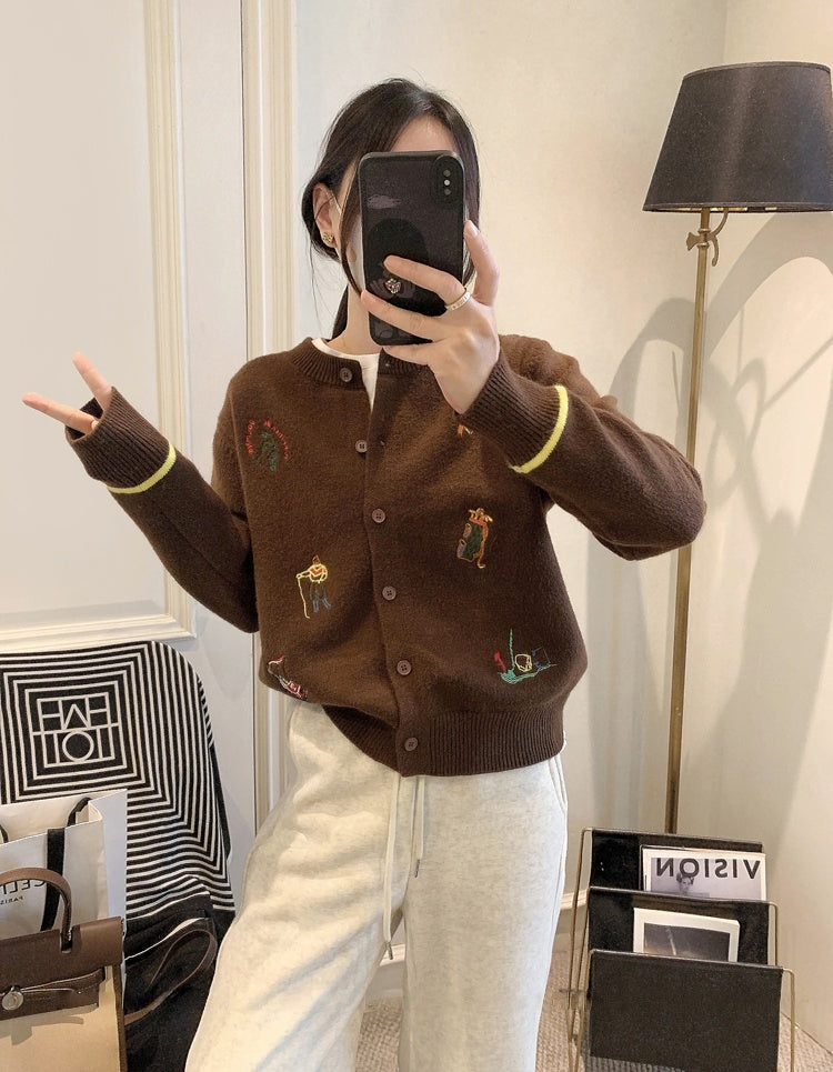 Rouje Kelly Embroidered Knit Cardigan in Maillard Tones
