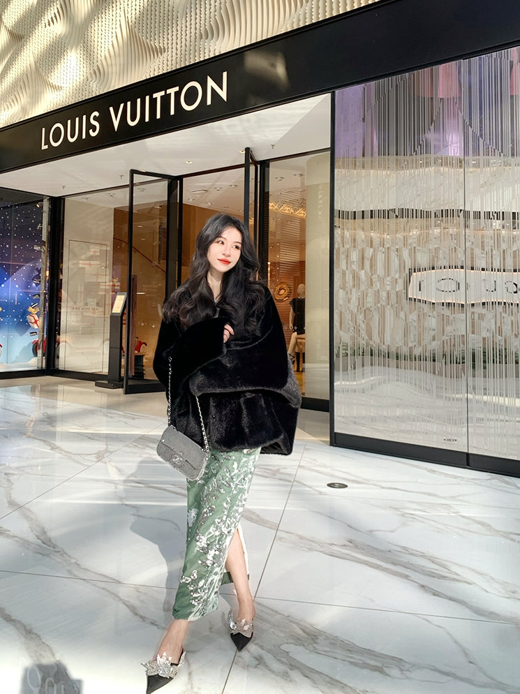 Light Luxury New Chinese-Style Velvet Sequin Midi Skirt