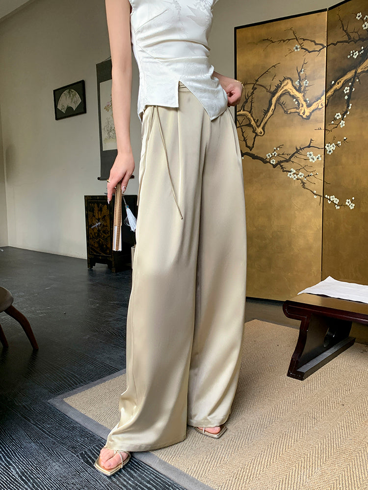 Upgraded Acetate High-Waist Tassel Wide-Leg Pants in Modern Chinese Style