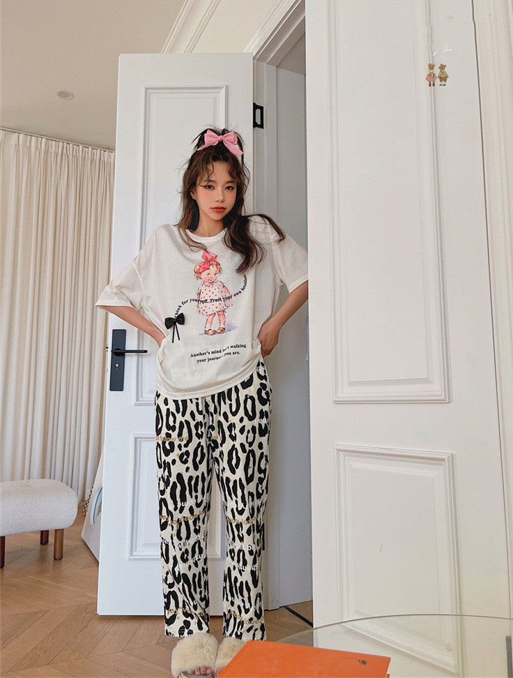 Leopard-Print Pajama Set With Sweet Bow