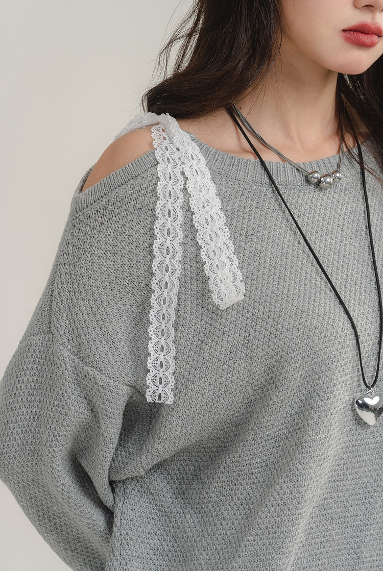 Off-Shoulder Lace Patchwork Knit Dress