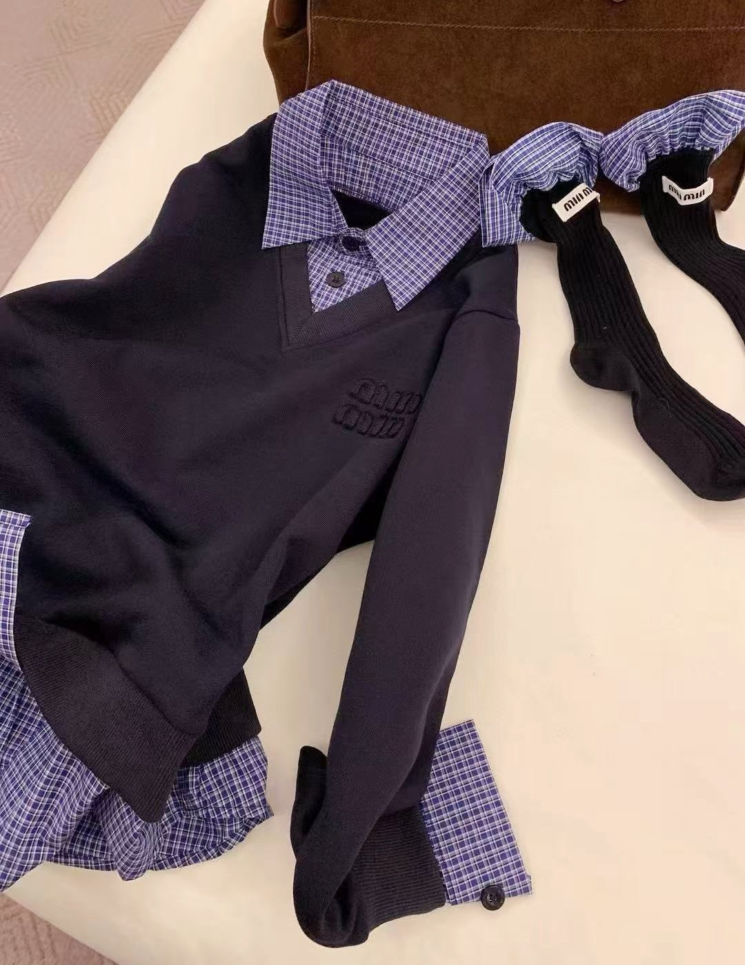 Miu Style Check Shirt Spliced Knit Top with Matching Socks