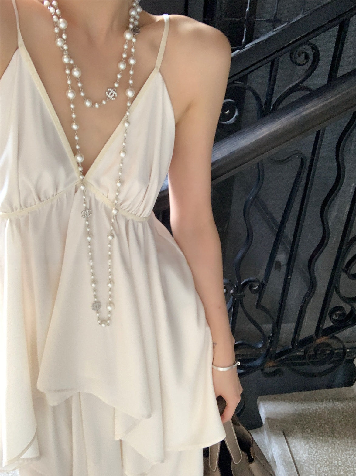 Soft White Tea Satin Deep V-Neck Camisole