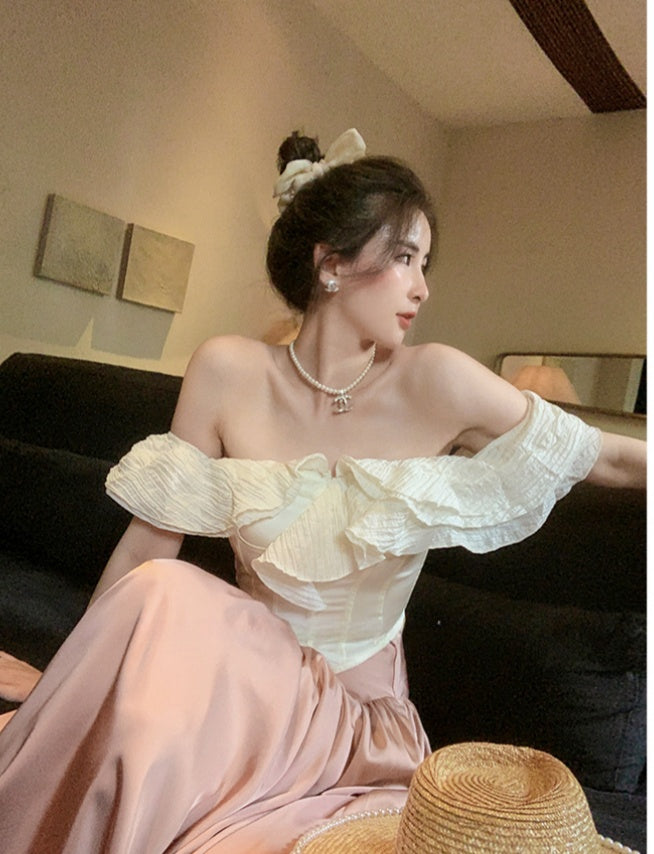 Satin Long Skirt + Line Neck Top