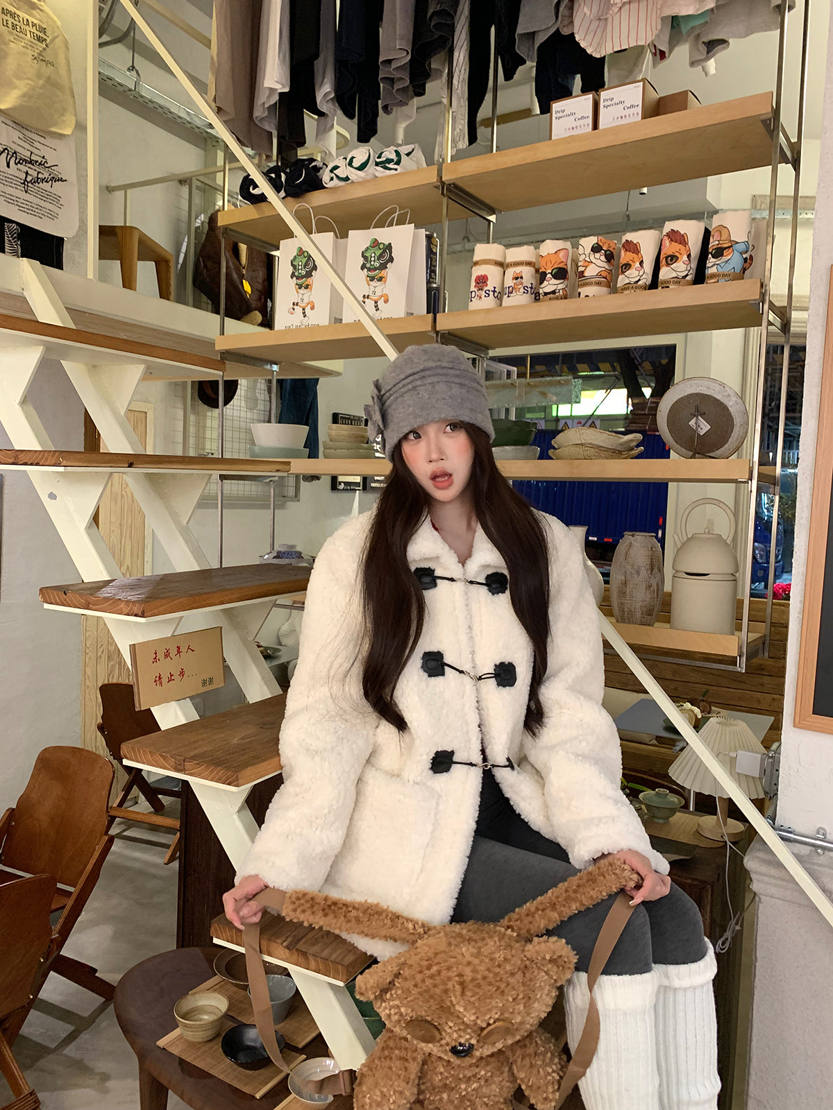 Wool-Blend Eco Faux Fur Mid-Length Coat