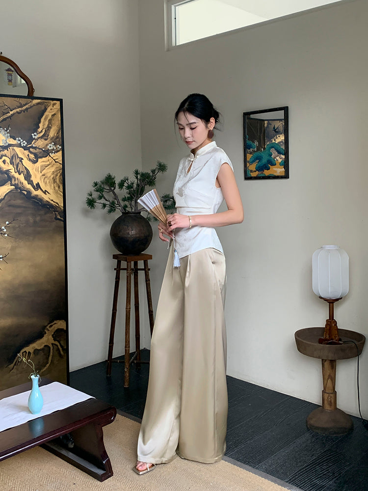 Upgraded Acetate High-Waist Tassel Wide-Leg Pants in Modern Chinese Style