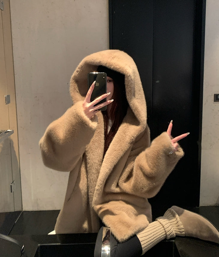 Faux Fur Hooded Coat in Relaxed Fit