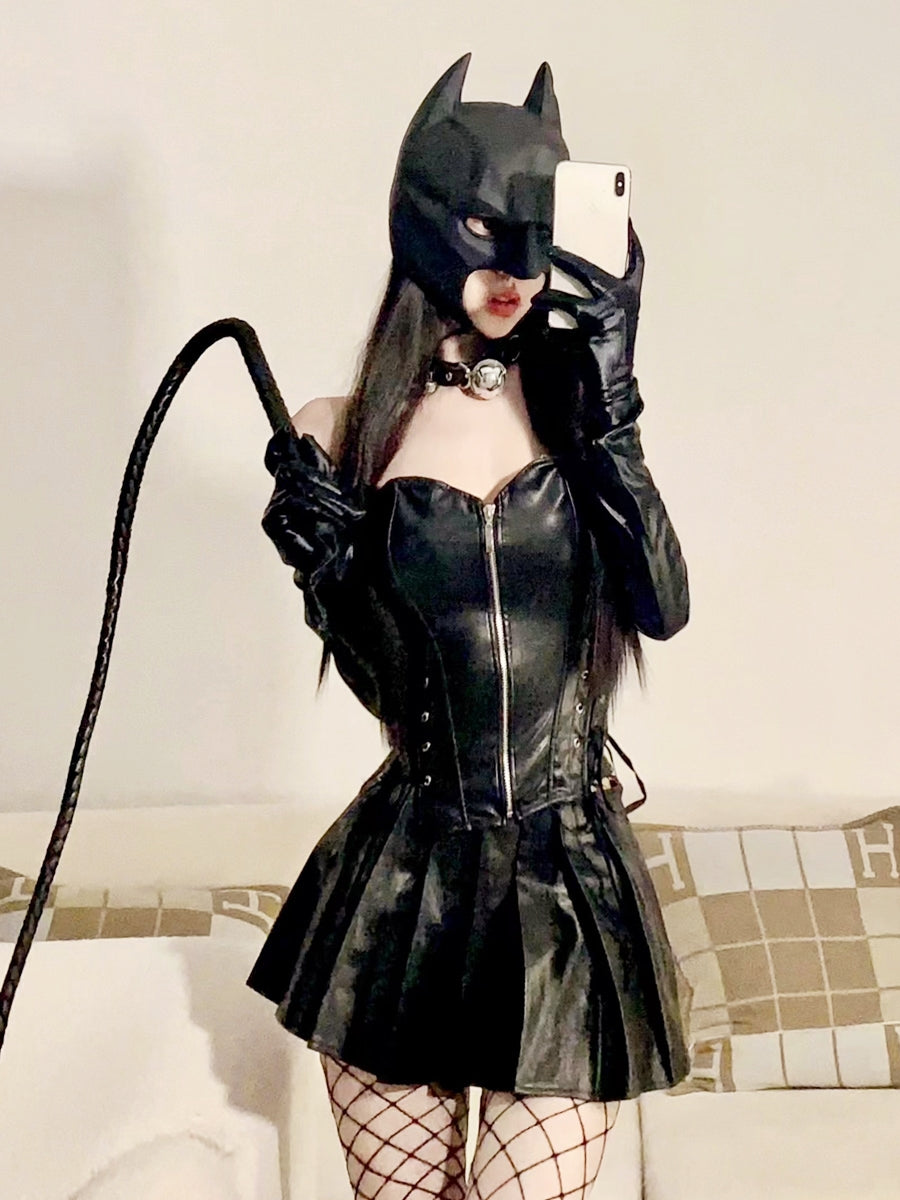 Halloween Cosplay Cat Woman Pu Leather Dress Set