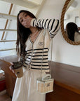 Navy Black and White Striped Cardigan