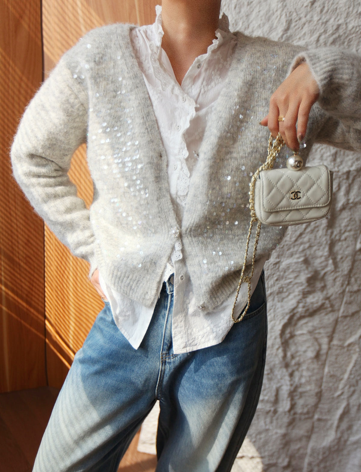 French-Style Sequin V-Neck Gray Knit Cardigan