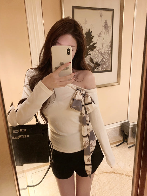 Asymmetrical Shoulder Fitted Tie Scarf Top