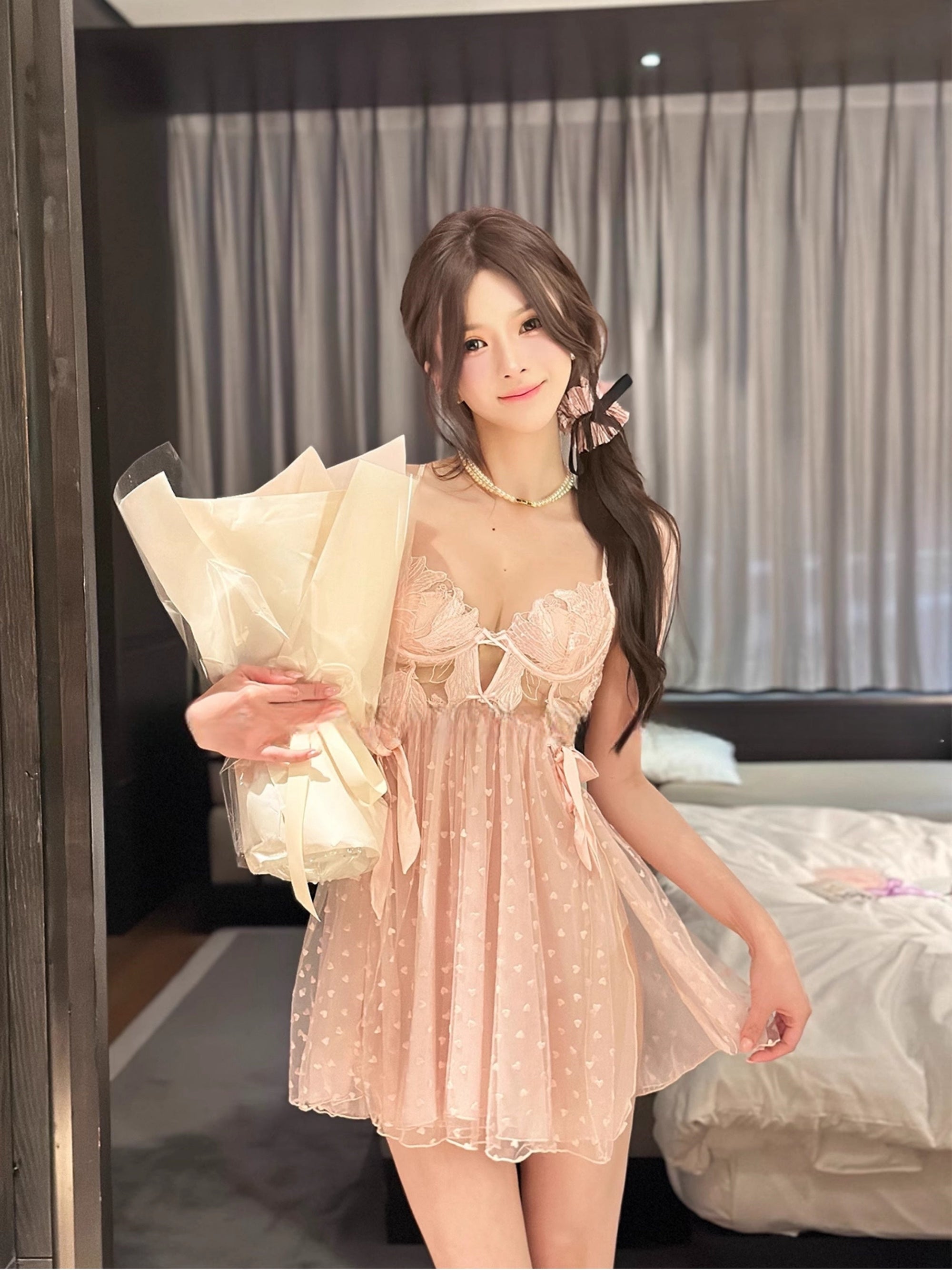 French Pure Desire Polka Dot Sexy Nightgown (2-Piece Set)
