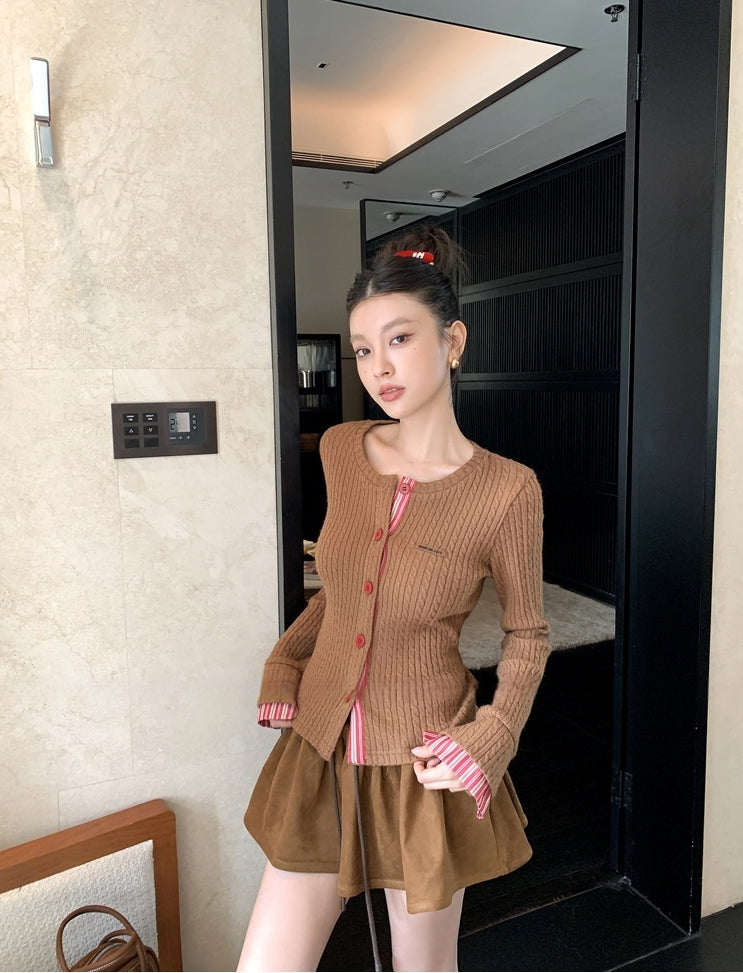 Vintage Maillard Contrast Faux Two-Piece Slimming Cable Knit Cardigan