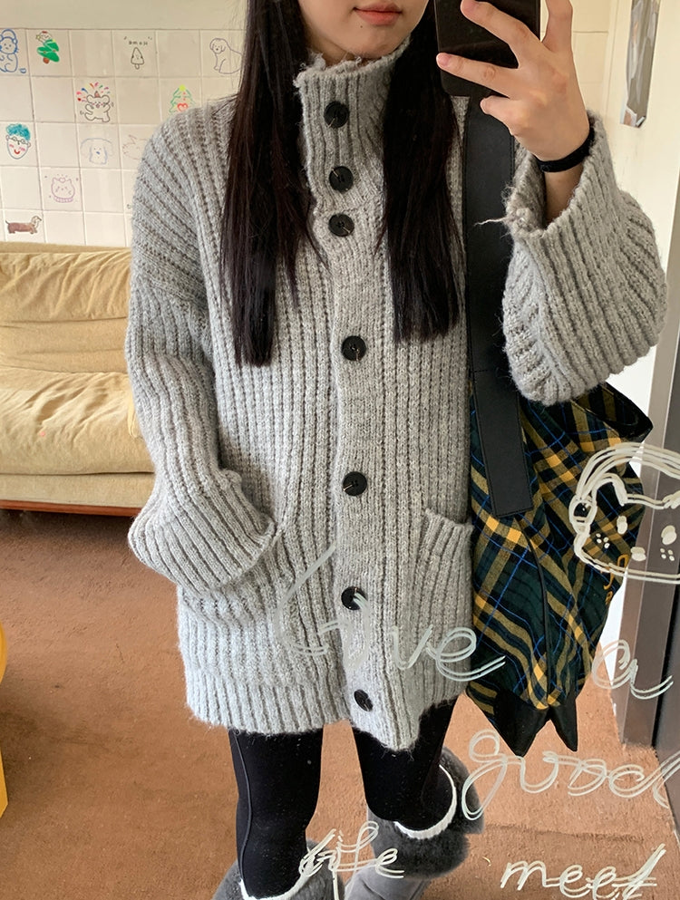 Korean-style wool knit cardigan with a relaxed, stylish design