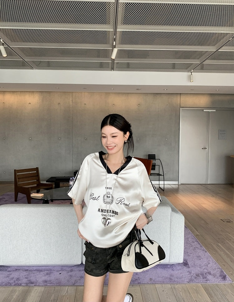 Black and White Lettering Color-Block Satin T-Shirt