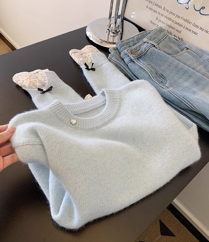 Creamy Baby Blue Lace-Trimmed Cashmere Sweater