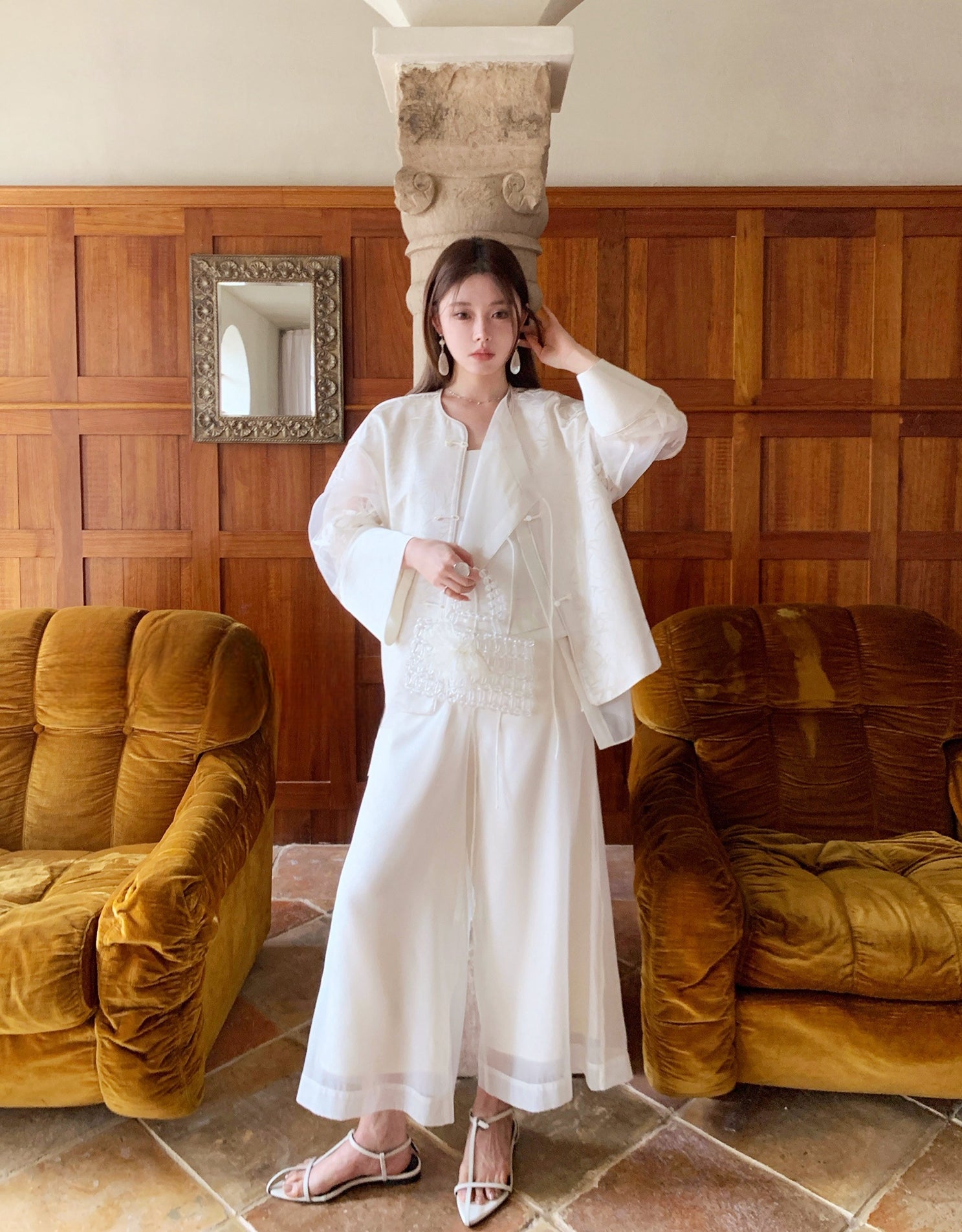 Vintage Chinese-Style Flowing Double-Layer Gauze Nine-Point Wide-Leg Culottes