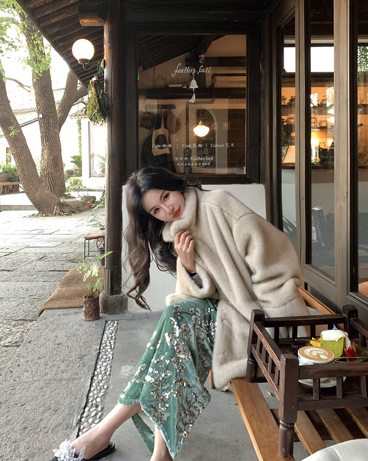 Light Luxury New Chinese-Style Velvet Sequin Midi Skirt