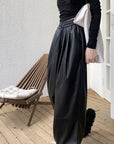 Elastic Waist Wide-leg Fleece-lined Leather Pants