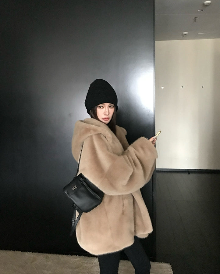 Faux Fur Hooded Coat in Relaxed Fit