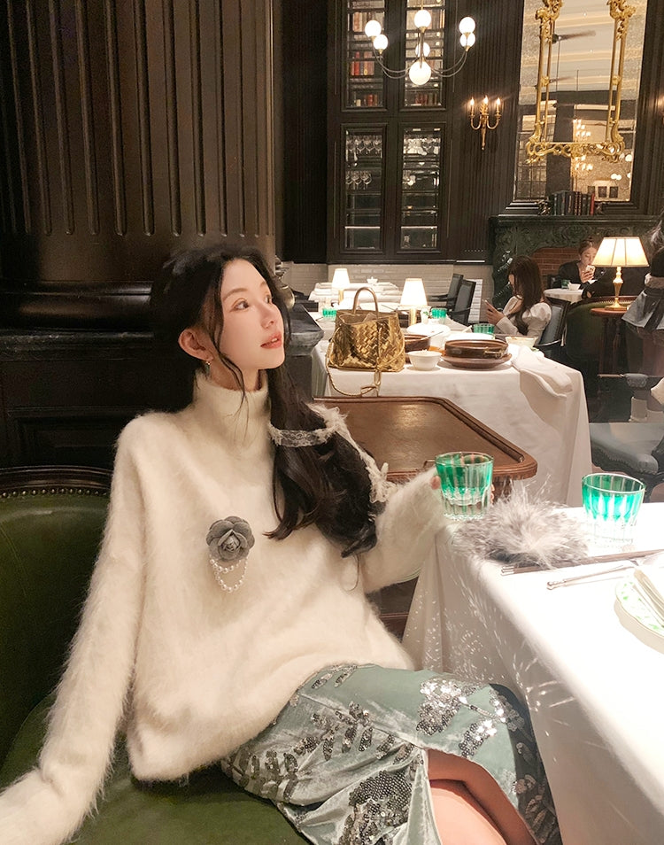 Light Luxury New Chinese-Style Velvet Sequin Midi Skirt