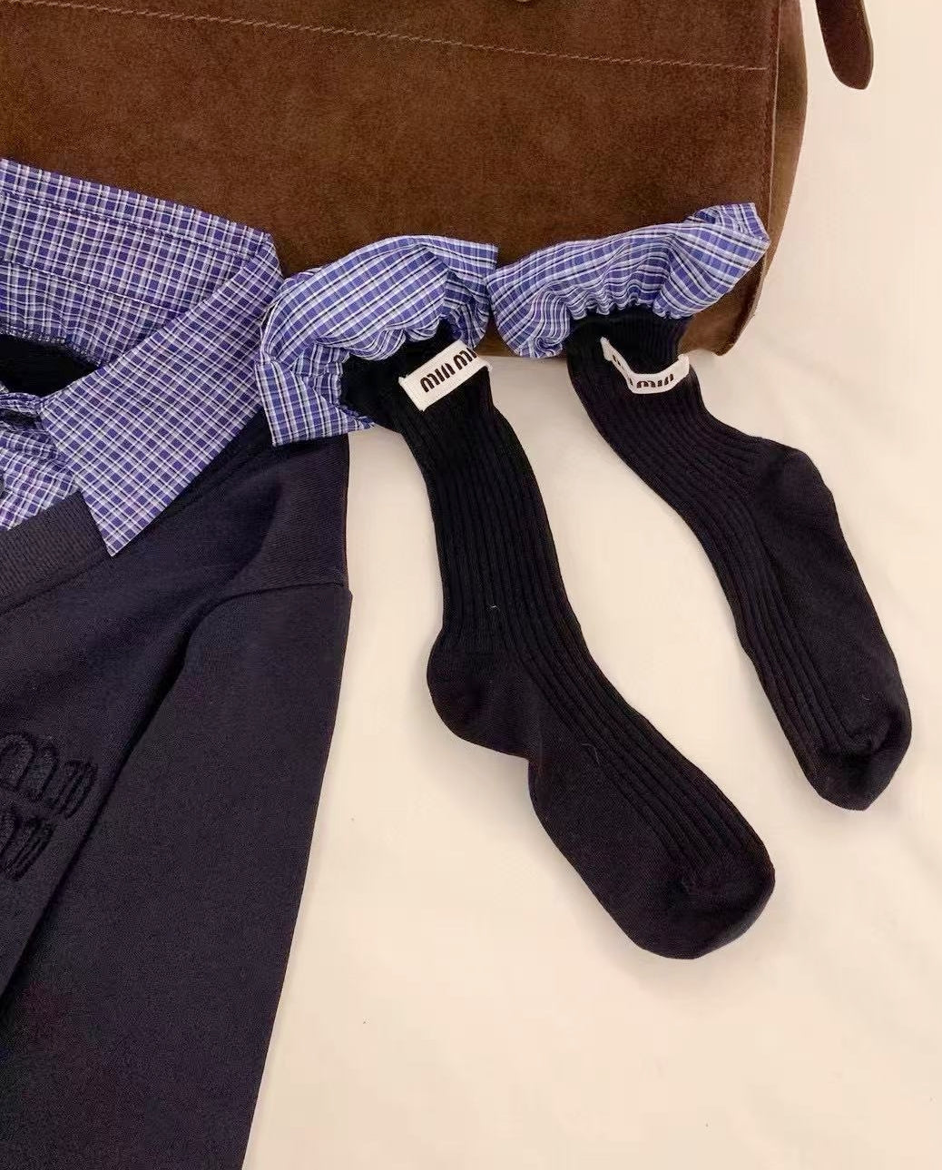 Miu Style Check Shirt Spliced Knit Top with Matching Socks