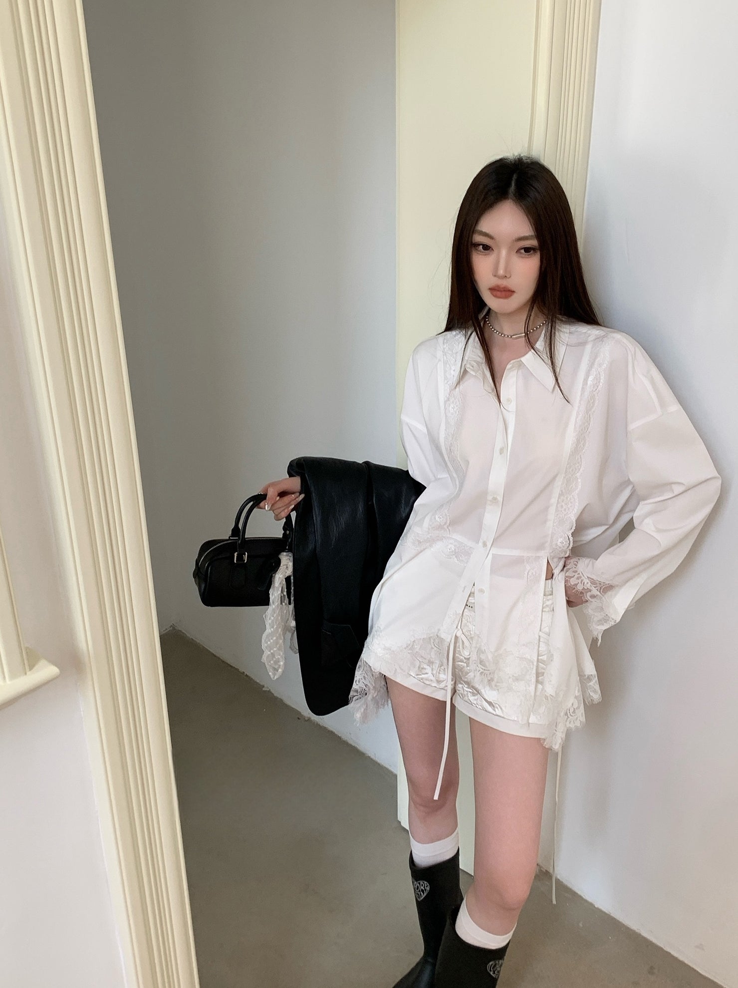 Designer Lace Panel Asymmetrical Shirt