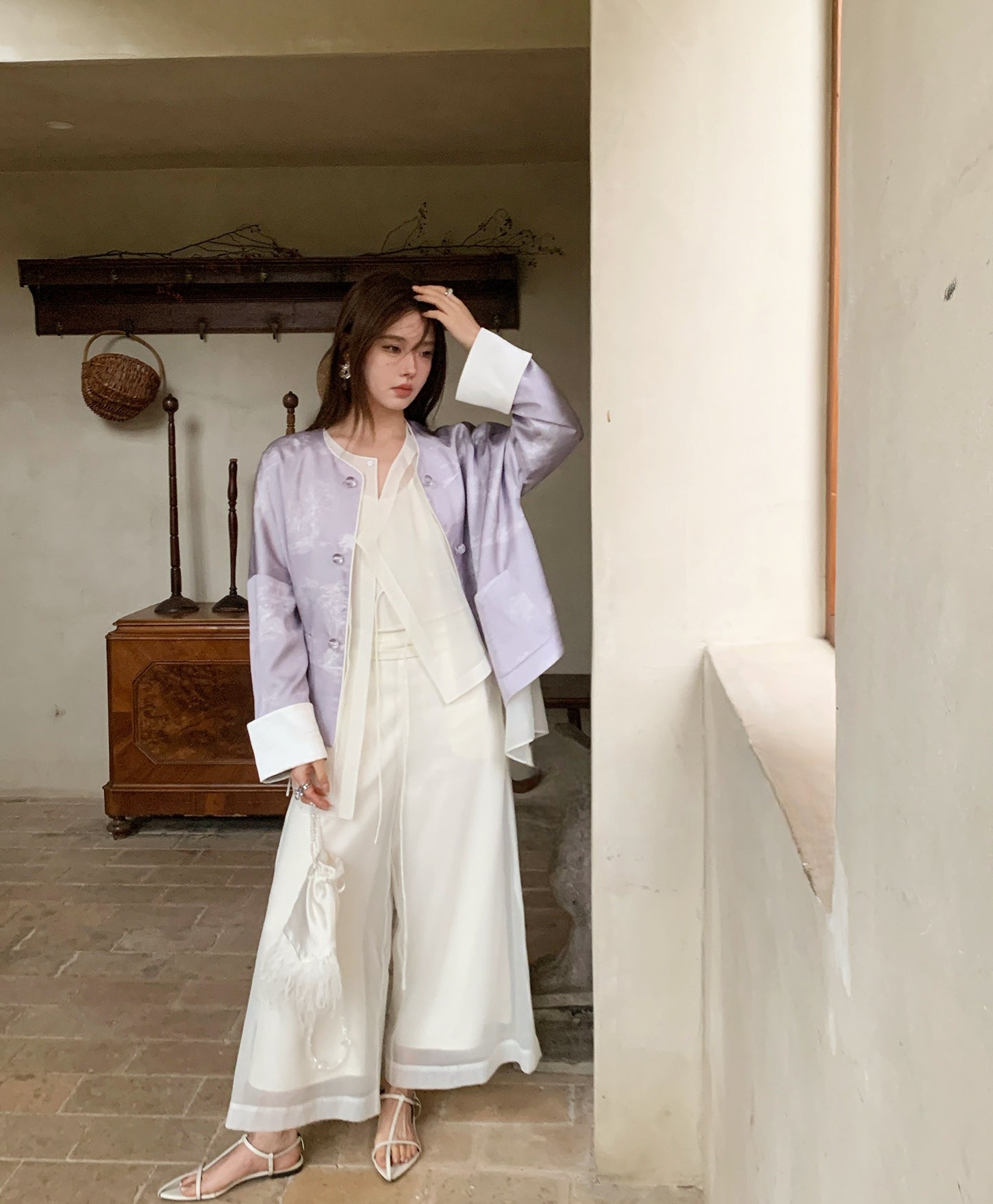 Vintage Chinese-Style Flowing Double-Layer Gauze Nine-Point Wide-Leg Culottes