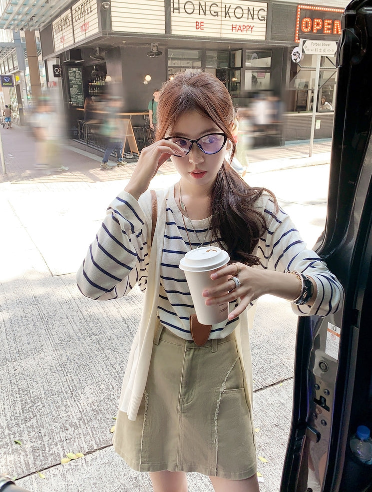 Sheer Ice Silk Striped Knit Top + Matching Shawl (2-Piece Set)
