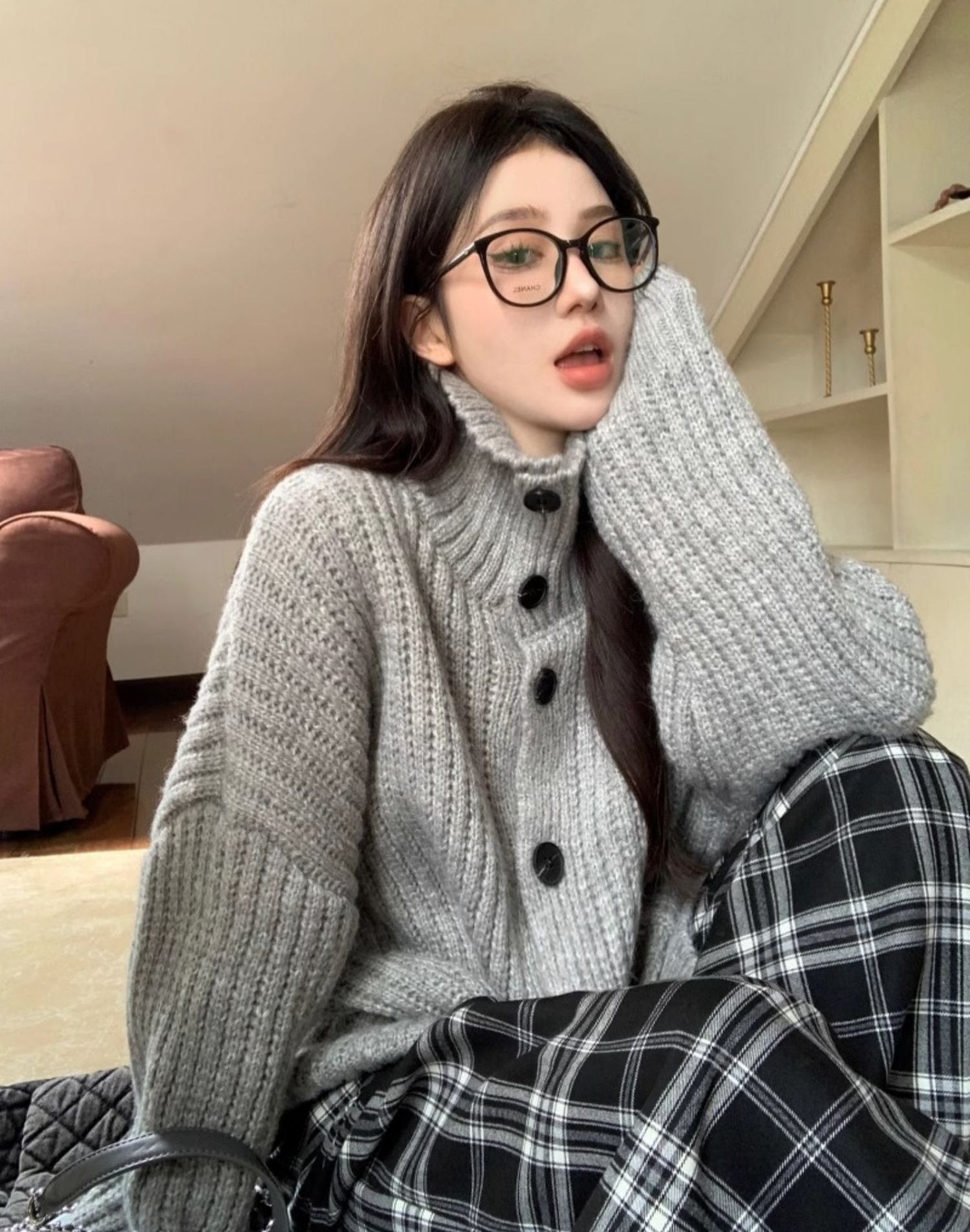Korean-style wool knit cardigan with a relaxed, stylish design